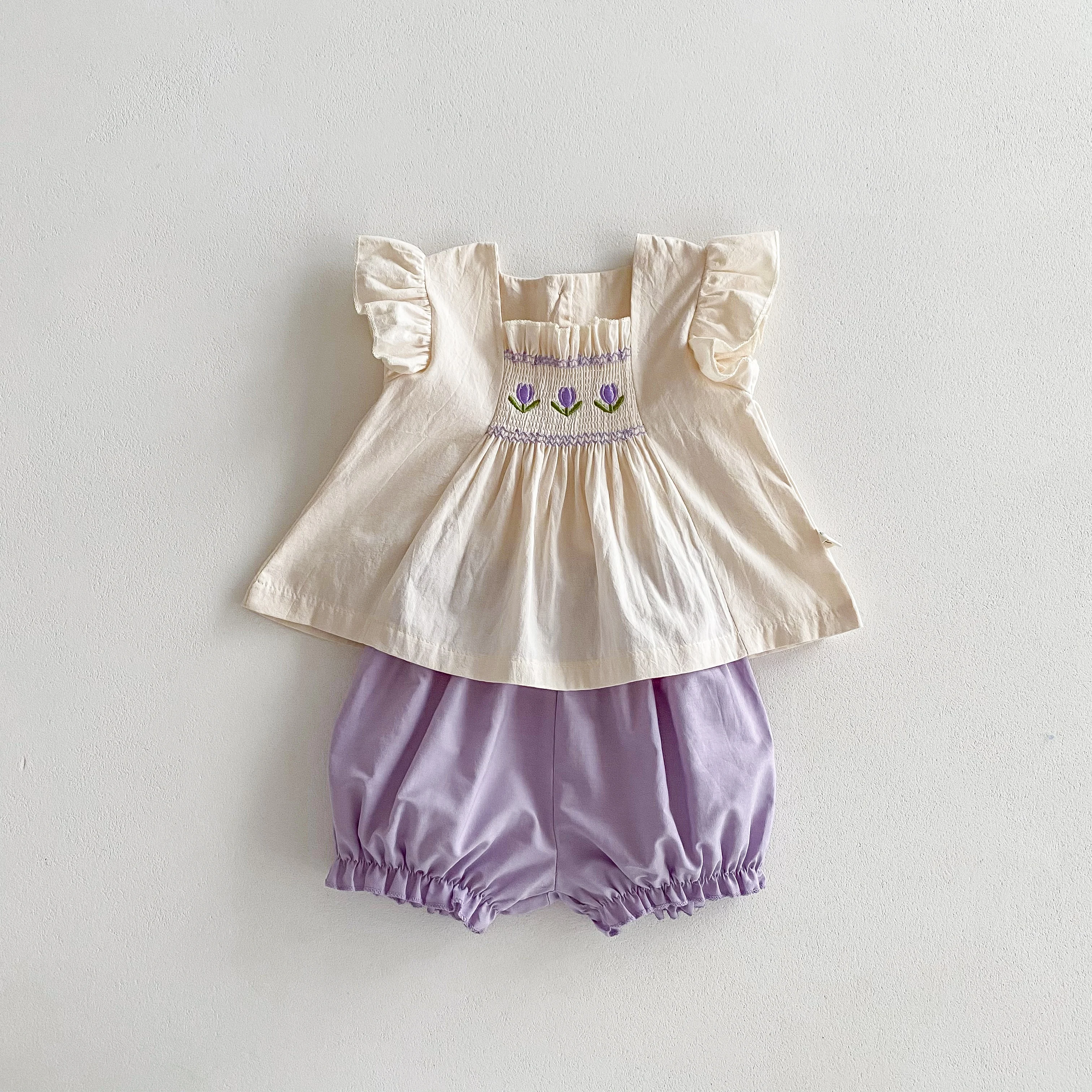 Spring Baby Girls Suit  Korean  Purple Flower Embroidered  Sleeveless Top + Purple Shorts 2pcs Baby Clothes 0-3 Years Old