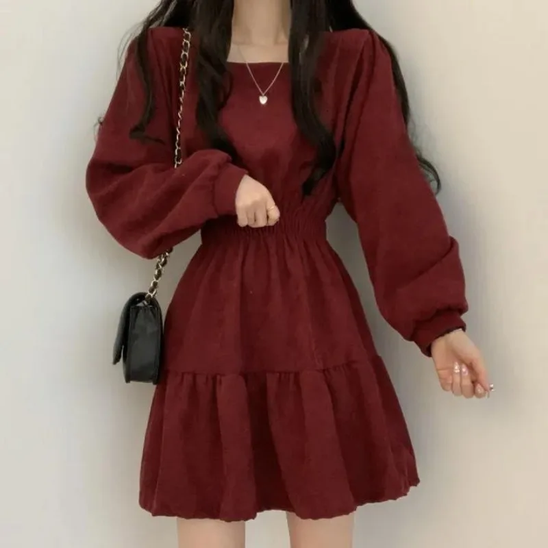 Long Sleeve Dress Women Autumn Vintage Temperament A-line Tunic Fashion All-match Vestidos Korean Style Simple Solid Cozy Mini