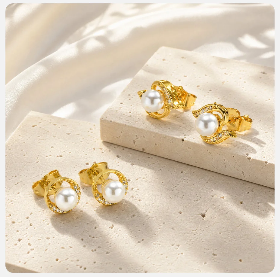 Vnox Exquisite Kupfer-Ohrringe mit geometrischen Imitationsperlen für Damen, trendige, vergoldete, glänzende Zirkon-Ohrstecker, Hochzeitsschmuck – Detail 6