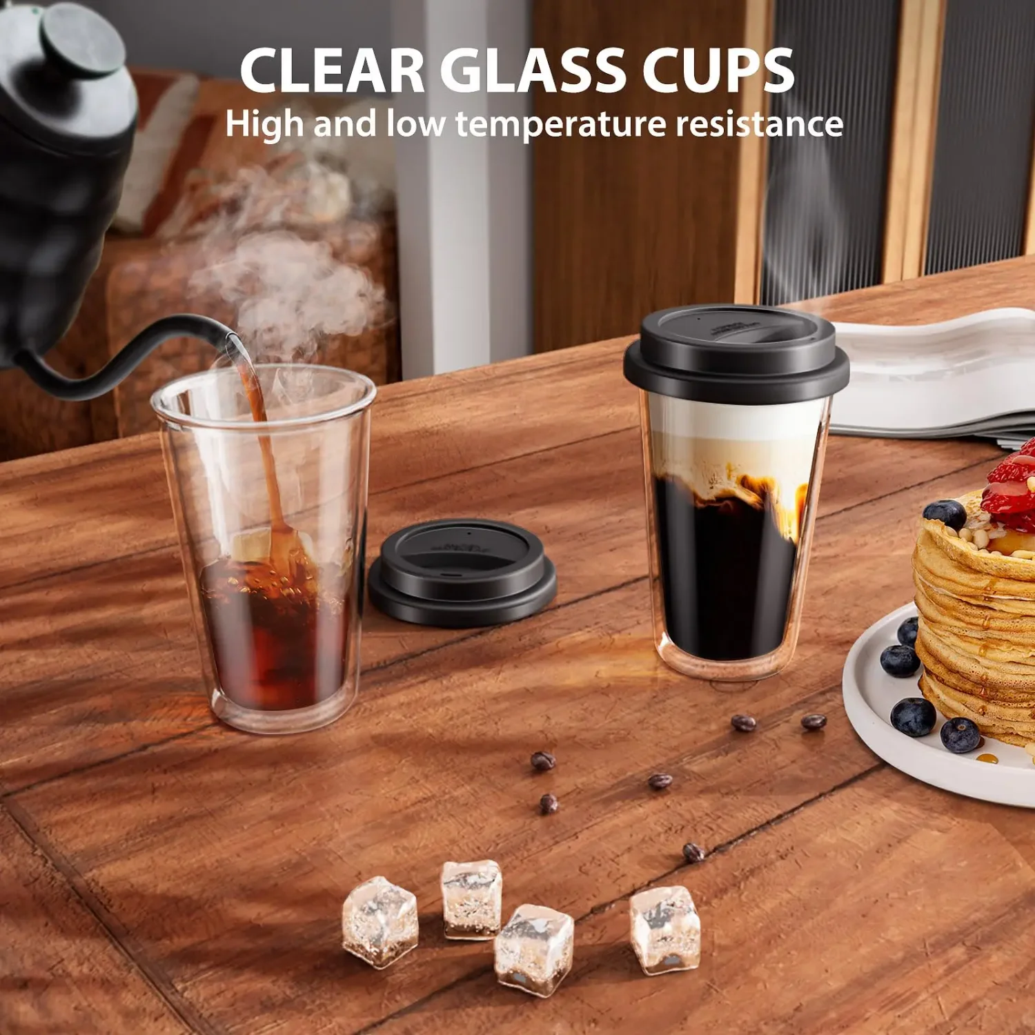 Reusable 350ML Glass Coffee Cup with Silicone Lids,Insulated Hot/Cold Drinkware,Morning Milk Cups, Iced Americano Juice Tea