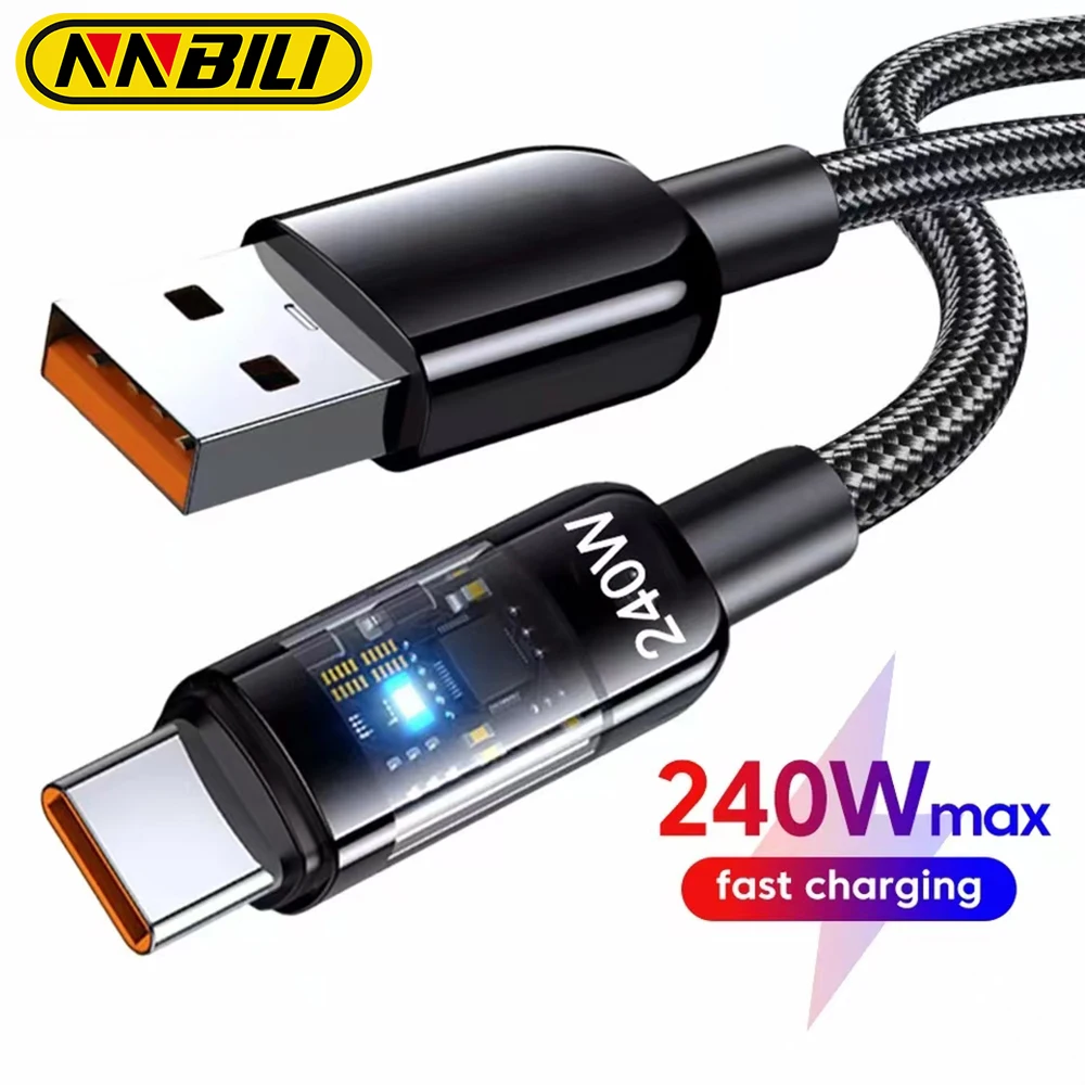 NNBILI USB C Quick Charging Cable 240W Nylon Braided Transparent Type C High-speed Charger Wire for Samsung Huawei Mi Data Line