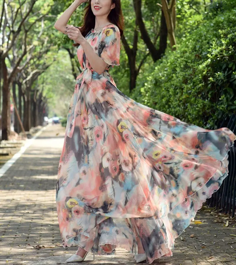 2023 Sundress Beach Chic Women Floral Print Ruffle Chiffon Bohemian Dress Ladies Short Sleeve Boho Maxi Dresses Photo Vestidos