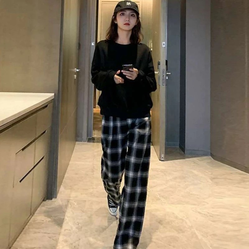 Pajama Sets Women Plaid Minimalist Loose Fashion Autumn Retro Basic Ladies New Lounge Wear Design Casual Home Korean Style Soft