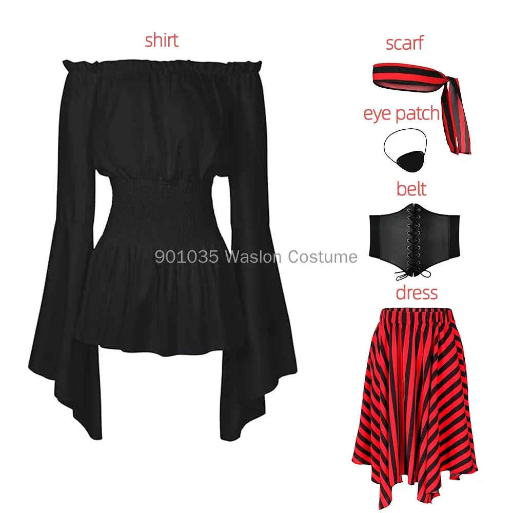 

Caribbean Women Pirates Cosplay Costume Tops Skirt Bracelet Patch Scarf Slik Stockings Girdle Full Set Halloween Carnival Party
