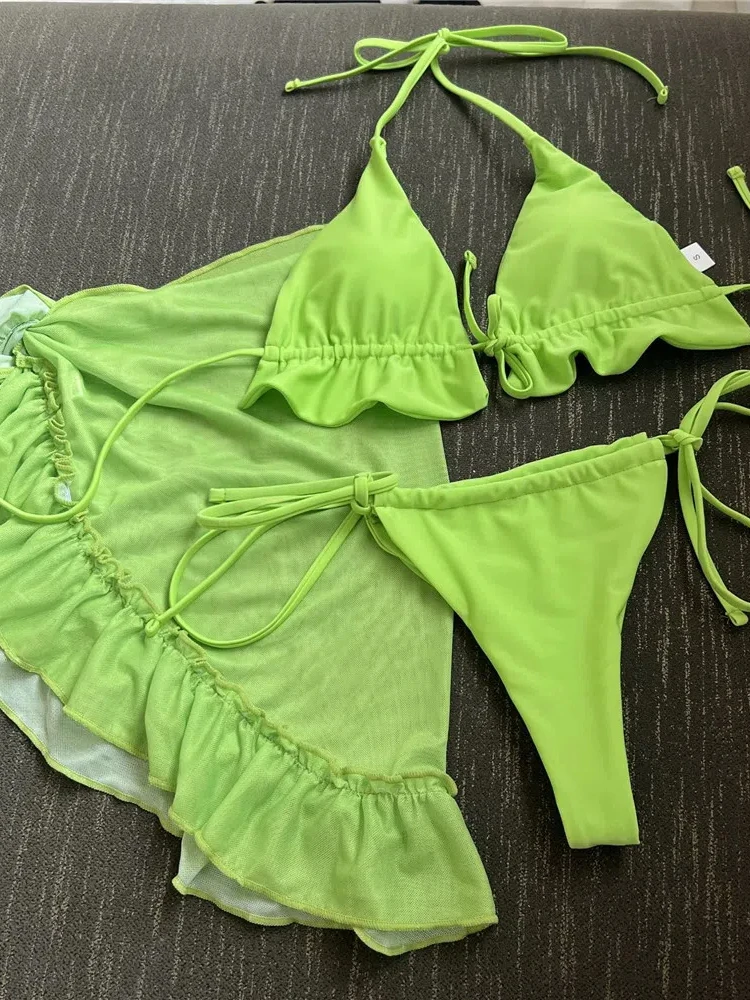 White Mesh Cover Up Swimwear String Halter 3 Piece Bikini Set Micro Thong Swimsuit Beachwear Ruffled Triangle Bikinis 2025 Mujer