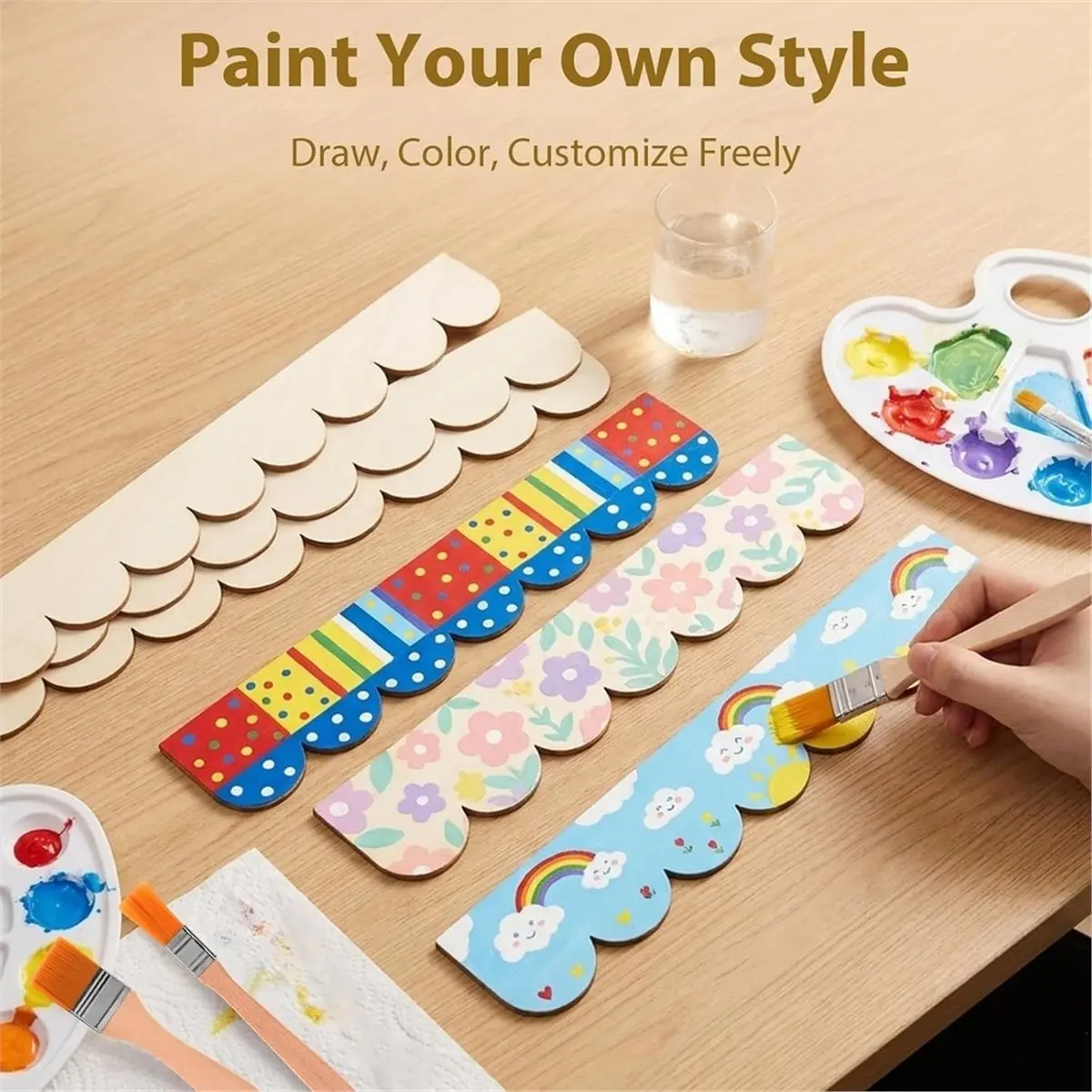 25Pcs Unfinished Scalloped Decorative Wood Molding Trim with 2 Brushes,Blank Wooden EdgeTrim Molding for Cute DIY