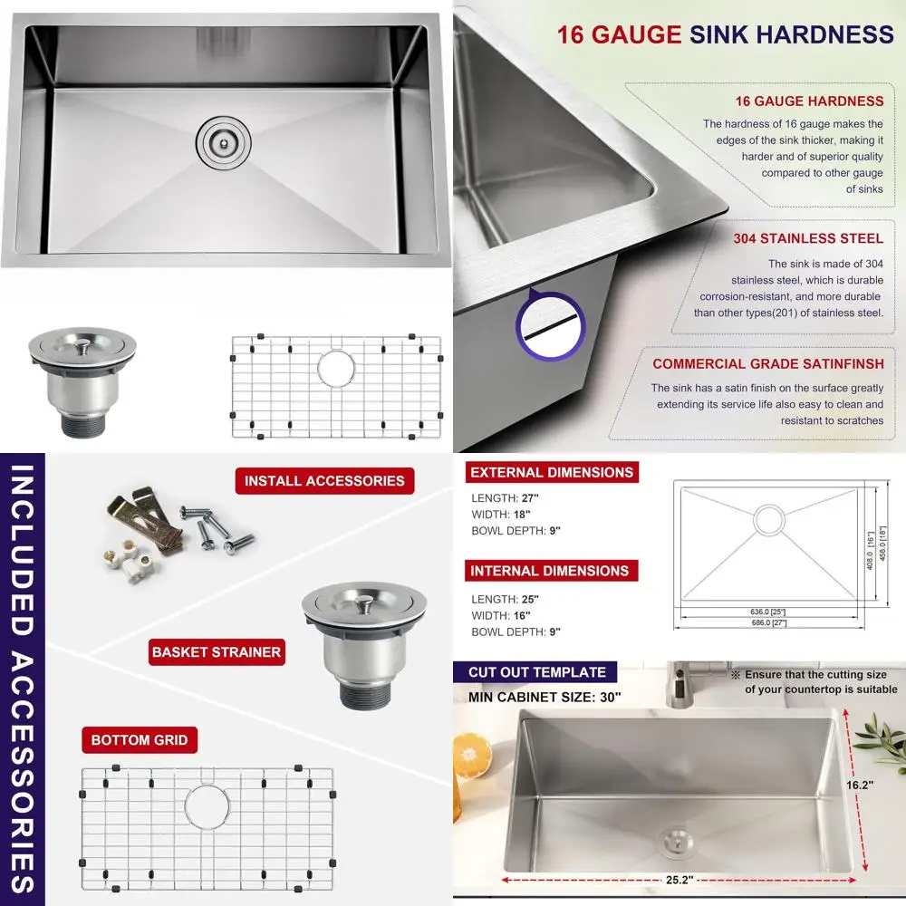 

27 Inch Undermount Stainless Steel Single Bowl Kitchen Sink with Strainer and Grid