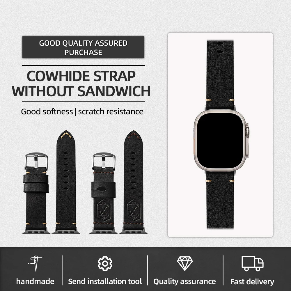 Handmade Italian Head Cowhide Leather Strap for Apple Watch iWatch Ultra2 S8 S9 Genuine Leather Strap, 49MM 45MM 44MM Black Men\'