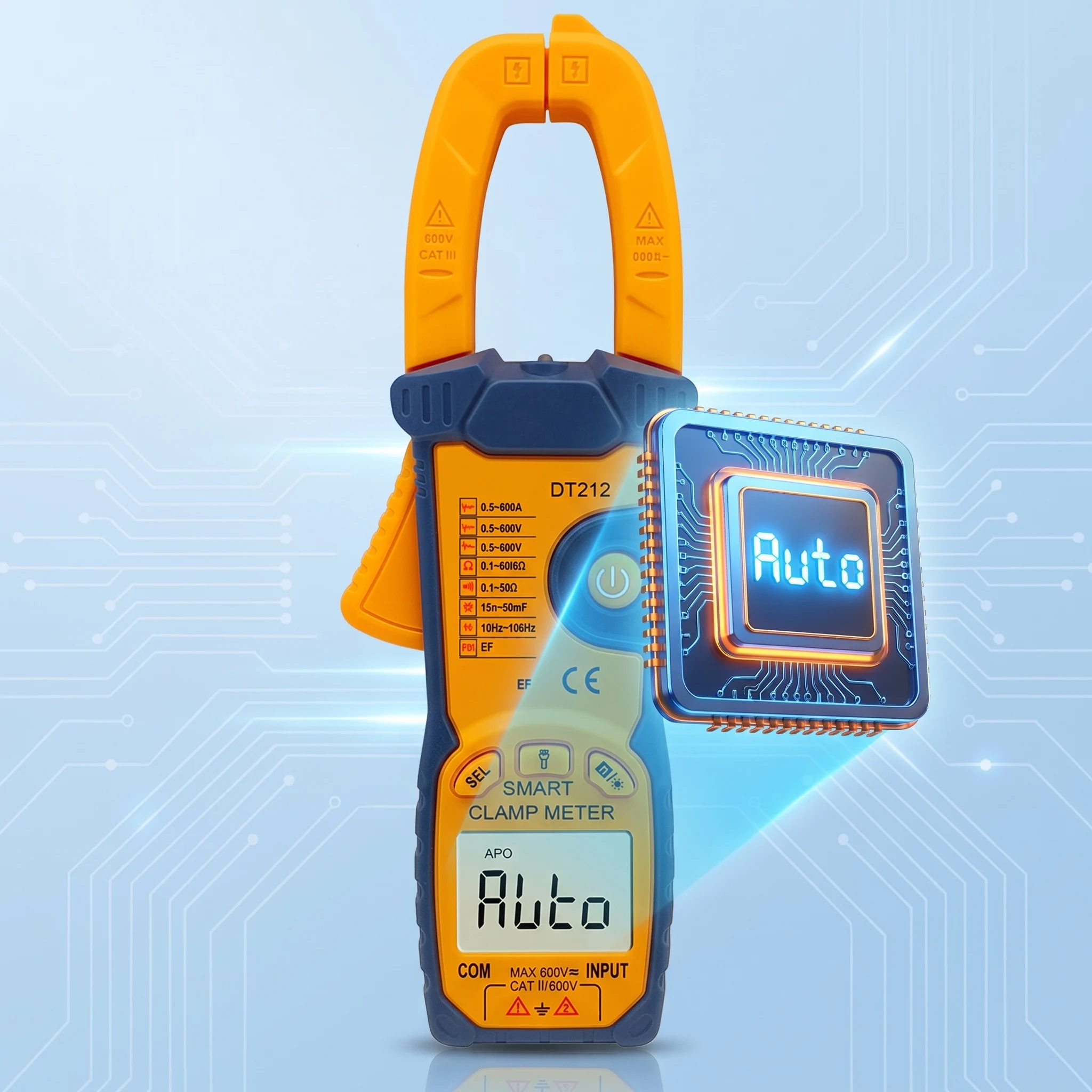 for auto Range Meter Yellow Digital Clamp Meter Built-in Led Flashlight Data Hold Function For Low-light Environments