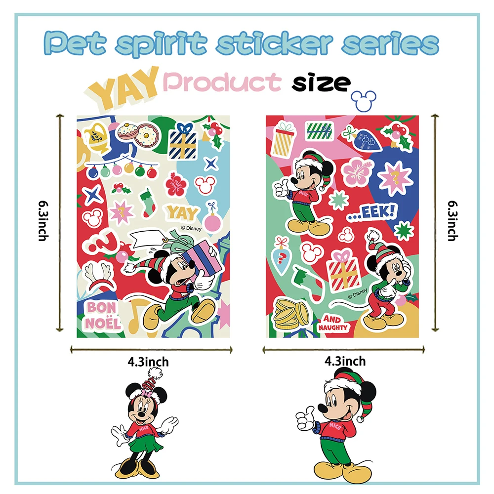 8/16sheets Disney Cartoon Christmas Mickey Mouse Stickers Cute Anime Graffiti Decals DIY Laptop Water Bottle Phone Sticker Decor