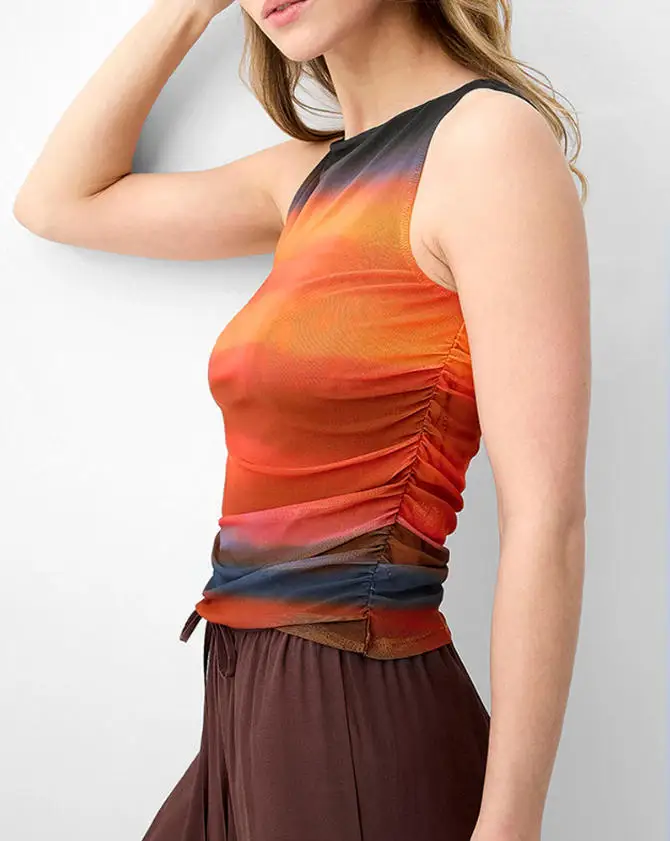 

Top Women 2026 Spring Summer New Fashion Tie Dye Print Sleeveless Tank Casual Side Ruched Sheer Mesh Round Ndeck Slim Vest Top