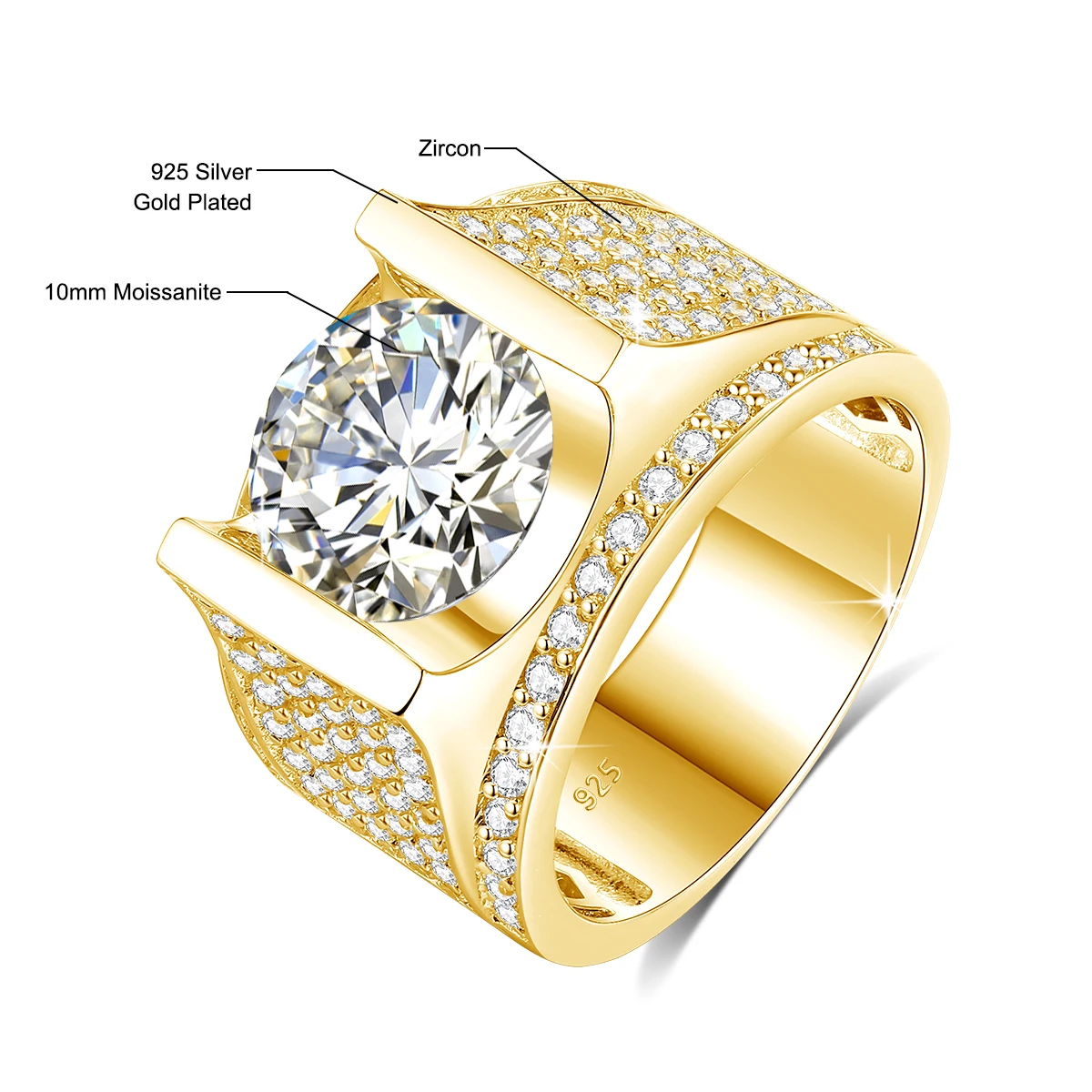 10mm 4ct Moissanite Ring For Men Gold With Certificate Chunky Hip Hop Jewelry With Stone High Quality Wedding Gift For Male Sale