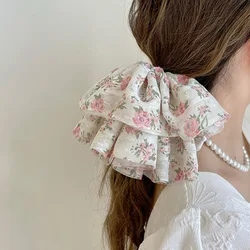 High-end fresh girls oversized floral hair ring layered chiffon satin hair rope leather cover female head rope hair accessories