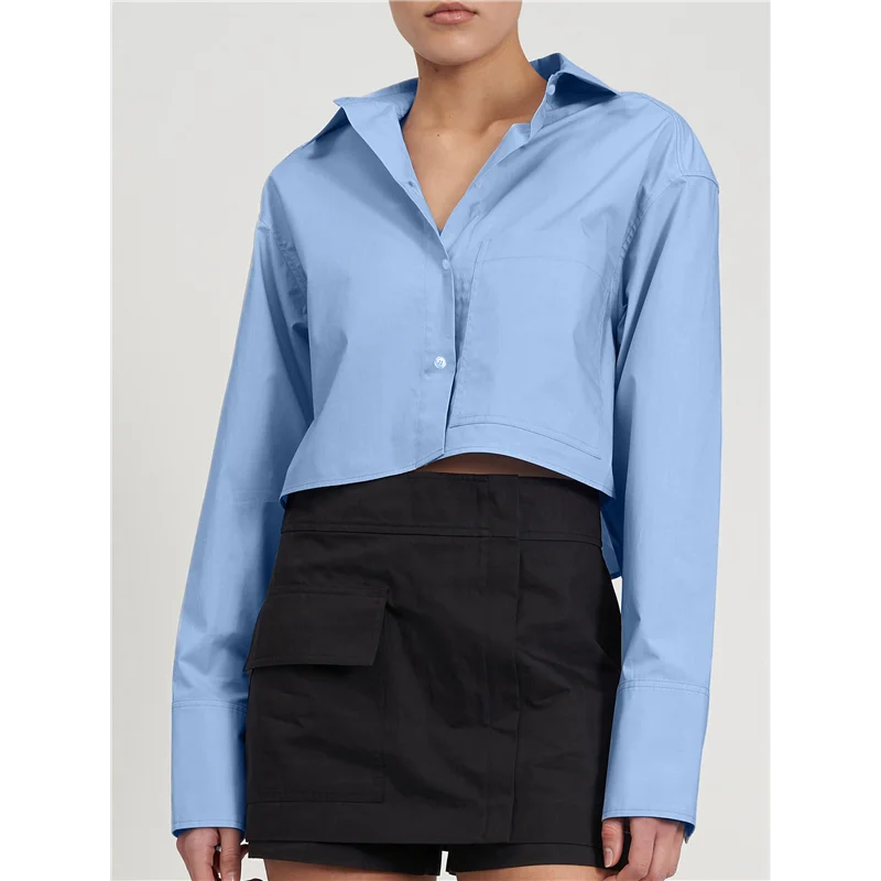 

NEW-Womens Button Down Cropped Shirts Long Sleeve Casual Crop Tops Solid Lapel Blouse Shirt With Chest Pocket