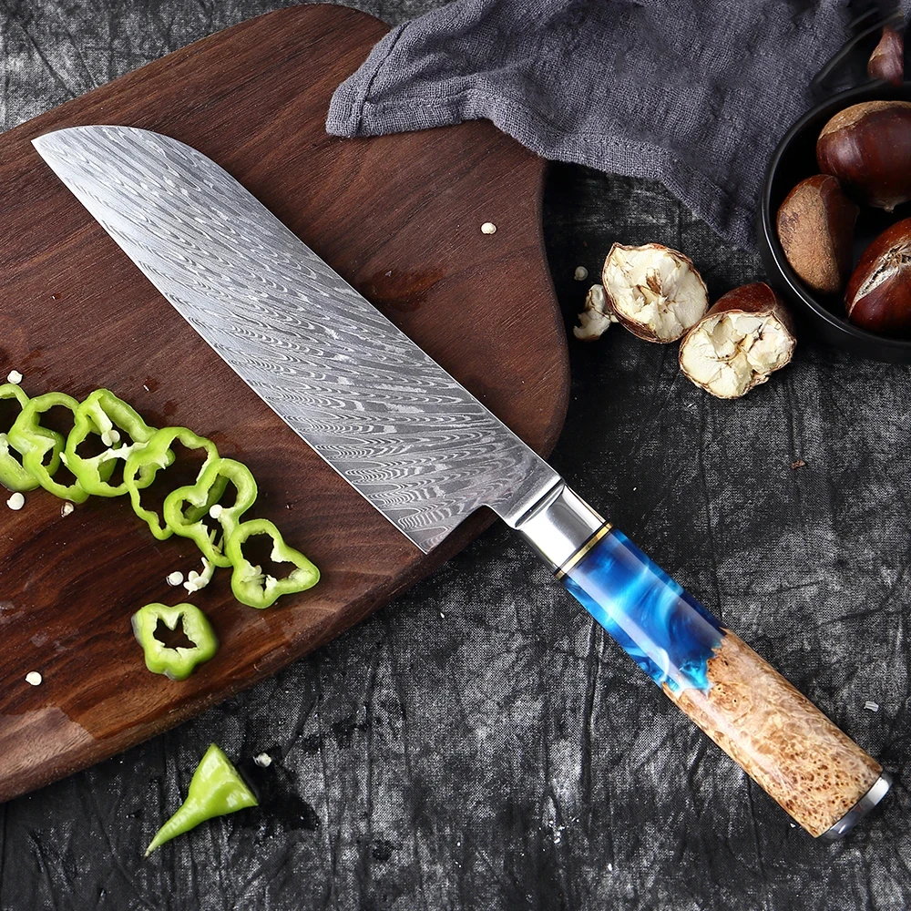 

Santoku Knife VG10 Damascus Steel Chef Good Helper Kitchen Knife For Meats Blue Resin Color Wood Handle Durability and Good Look