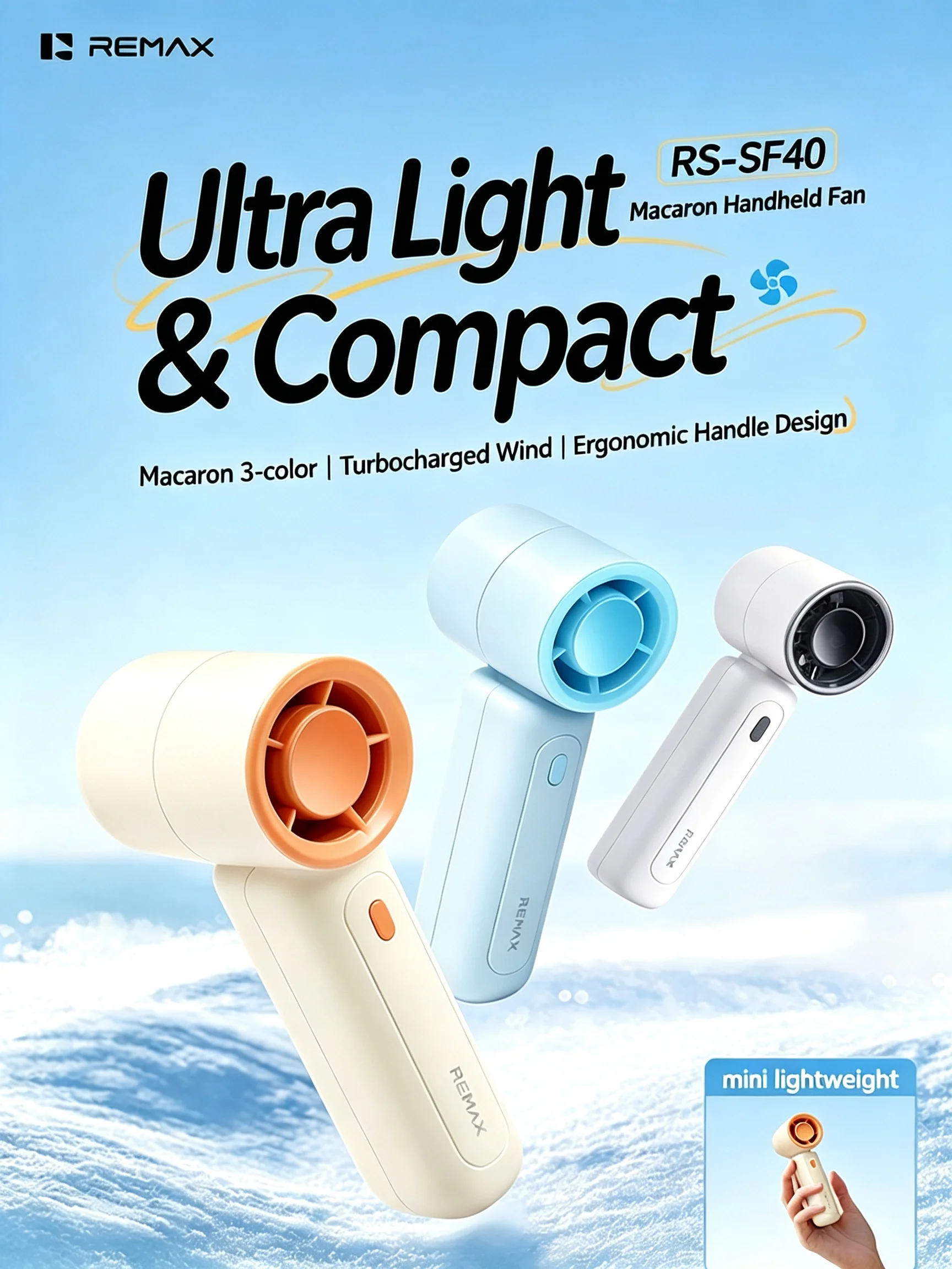 REMAX Handheld Fan Mini Portable Turbo Fan 3 Speed Strong Wind USB Rechargeable with Lanyard Lightweight Travel Desk Fan Pastel