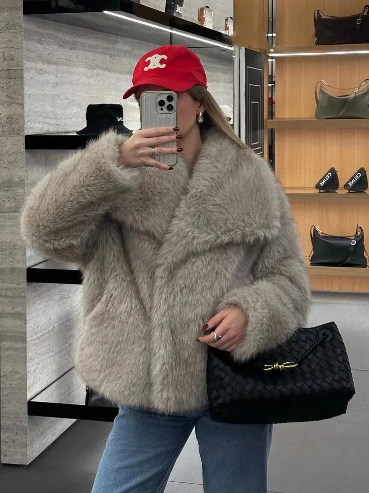 HH Chaqueta corta de piel sintética a la moda para mujer, abrigo de otoño e invierno con solapa, chaqueta gruesa y cálida de manga larga, prendas de vestir exteriores elegantes para mujer