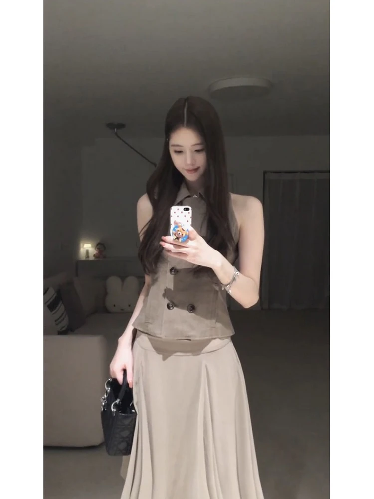 

Summer New Women's Light Maturity Style Sleeveless Vest And High Waist Midi Skirt Set Irregular Hem Turn-down Collar Top