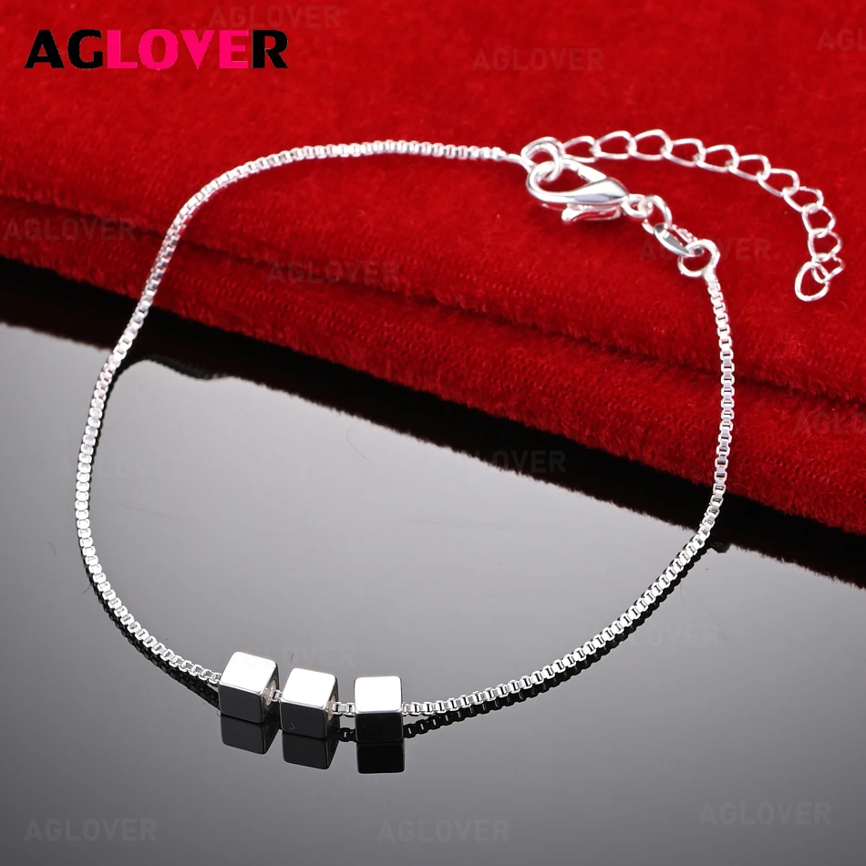

AGLOVER 925 Sterling Silver Block Chain Bracelet Fashion Elegant Women Party Jewelry