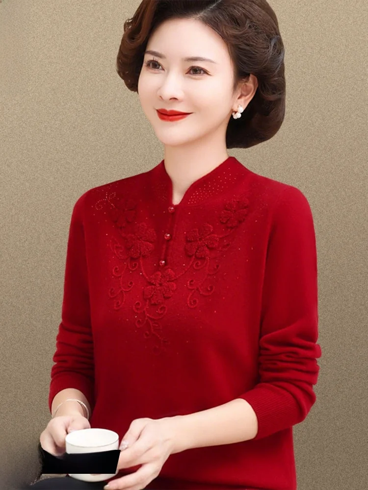 

Chengyuanxiang Pure Wool Sweater Qipao Collar Base Shirt Wedding Dress for Middle-Aged Mothers Spring Fashion Ladies' Knitwear