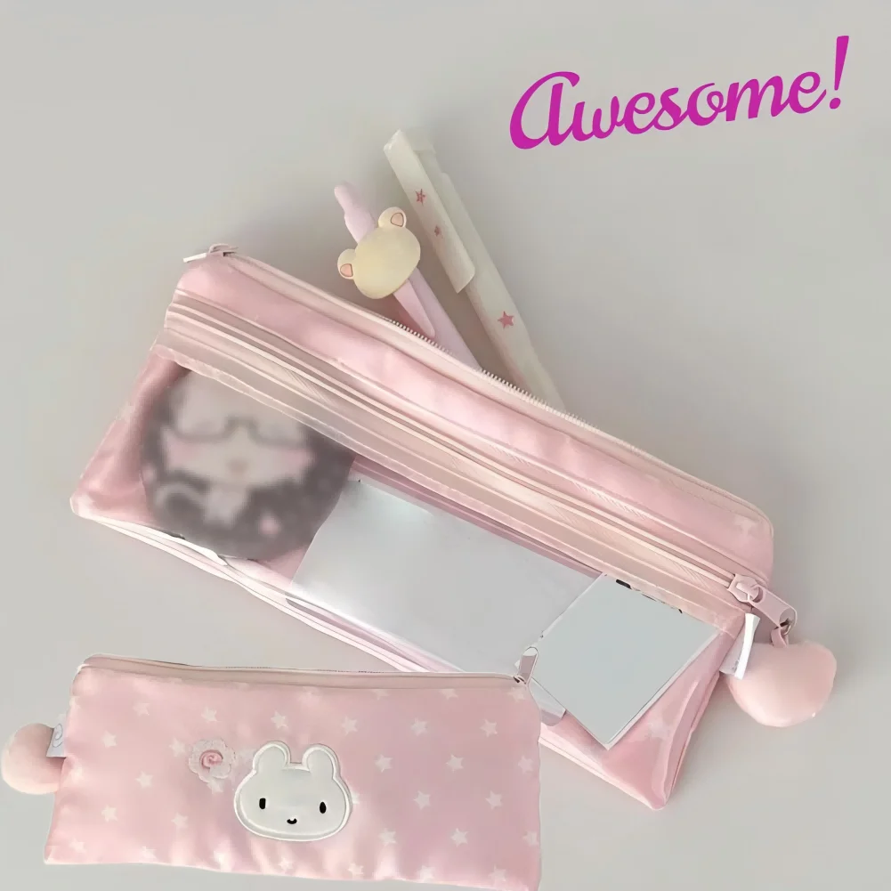 1/2pc Lightweight Pink Pen Bag Star Rabbit Pattern Large Capacity Pencil Case Zipper Design Stationery Storing Bag Students Gift