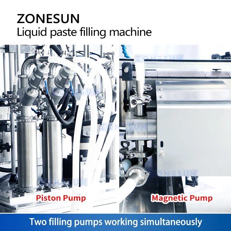 Машина для розлива двойной системы Zonesun, машина для наполнения жидкостью, машина для наполнения толстой пастой, поршневой наполнитель, магнитный насос ZS-SVYT4D