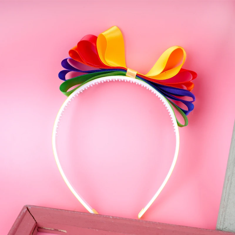 Rainbow Ribbon Bow Headband Sweet Girls Hair Hoop Colorful Party Hair Accessory for Birthday Holiday Celebration Dress Up Decor view 3