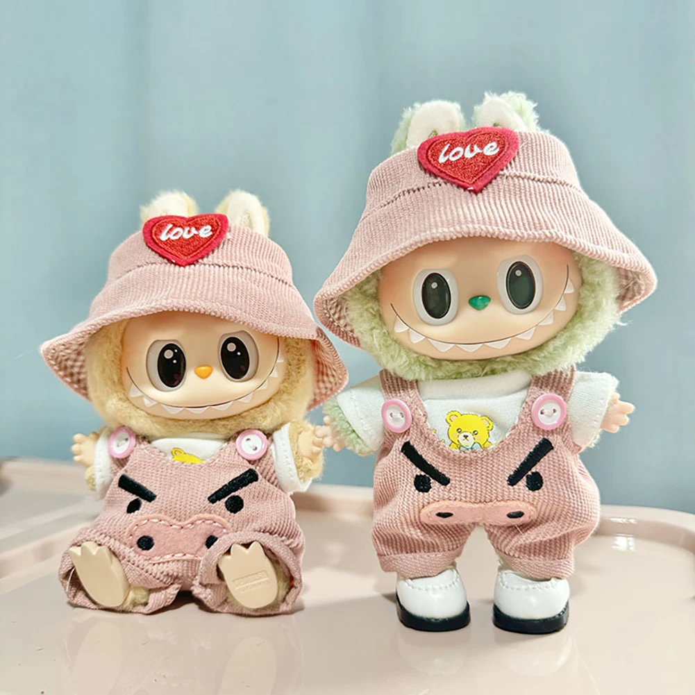 Jumpsuit pesta musim gugur dengan topi untuk boneka Labubu pakaian musiman lucu pakaian boneka hadiah