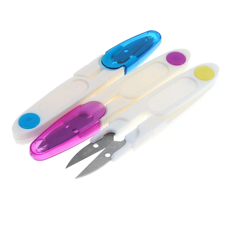 Plastic Handle Safety Cover Sewing Scissors Thread Embroidery Cross-stitch Cutter Portable Cutter Mini Spring U Shape Scissors