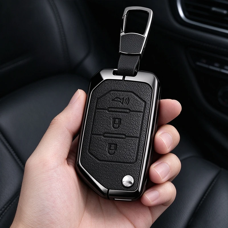 Zinc Alloy Leather 2 3 4 Buttons Car Key Case Cover For Jeep Gladiator JT Sahara JLU Wrangler JL Rubicon Protect Shell