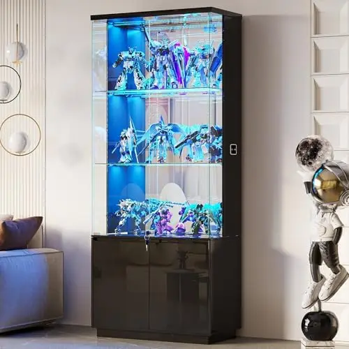 71” Glass Display Cabinet with Lights, Modern Curio Cabinet Display Cases for Collectibles, Locking Cabinet with