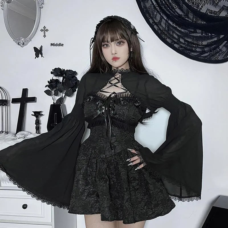 

Готический повседневный кардиган-блузка с кружевом и бантом, женский летний топ из полиэфирного волокна