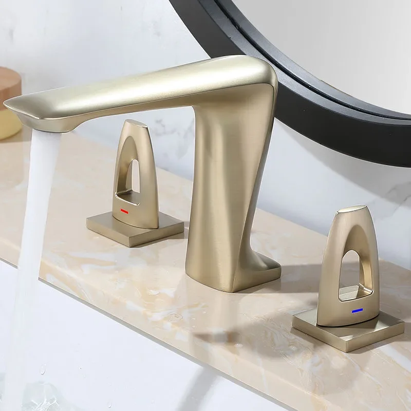 

Brushed Gold Basin Faucet Total Brass Black Bathroom Widespead Sink 3 Hole Hot And Cold Waterfall Water Tap