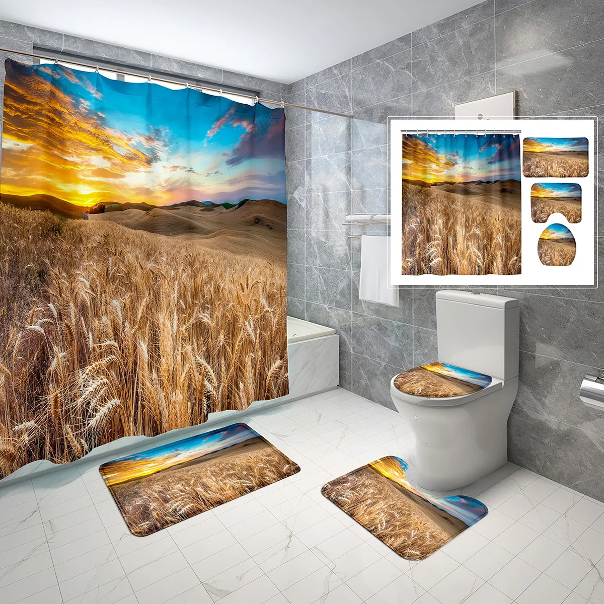 Wheat Field Shower Curtain Sets Golden Wheat Nature Sunsets Sky 4 Pcs Non-slip Bath Mat Toilet Lid Waterproof Shower Curtain Set