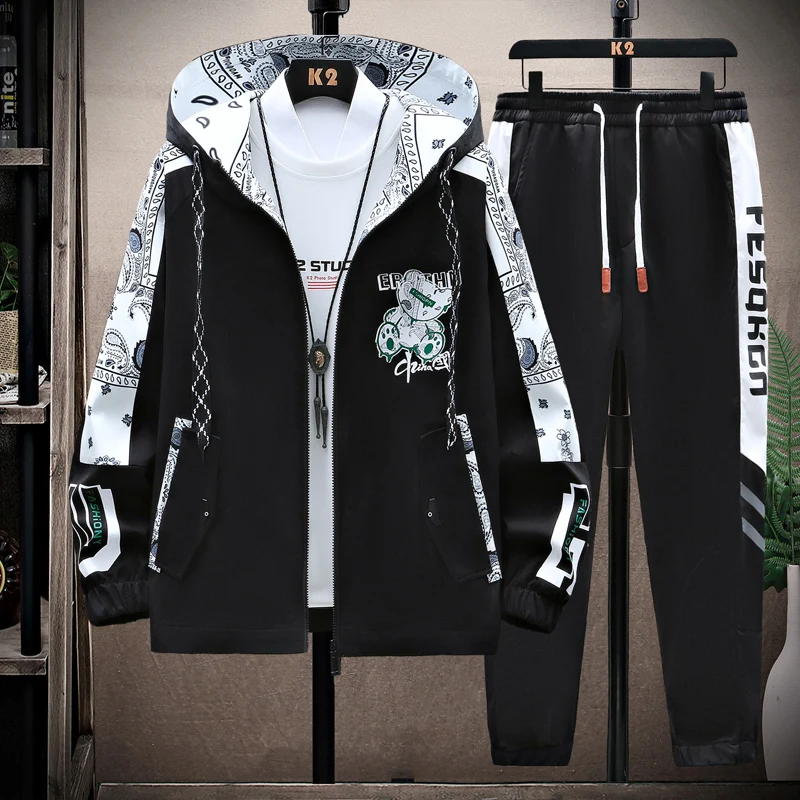 Spring Men Sportswear Tracksuit 2 Piece Running Sets Sports Hooded Jacket+Pant Sweatsuit Male Print Clothing Streetwear