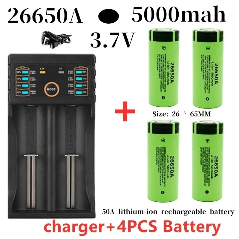 

2024 New Original high quality 26650 battery 5000mAh 3.7V 50A lithium ion rechargeable battery for 26650A LED flashlight+charger