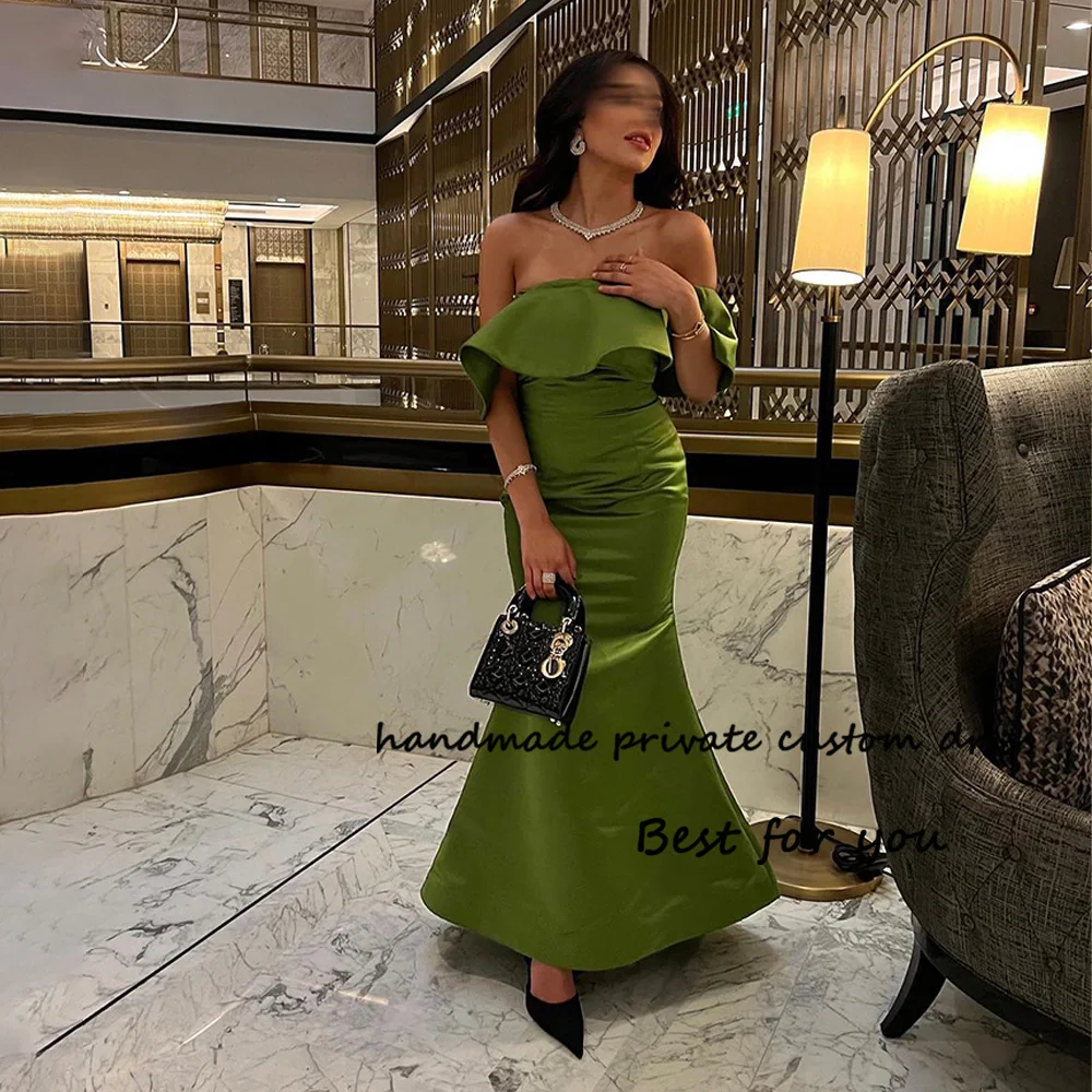 

Green Satin Mermaid Prom Dresses Strapless Long Arabic Dubai Evening Party Dress Floor Length Womens Wedding Guest Gowns