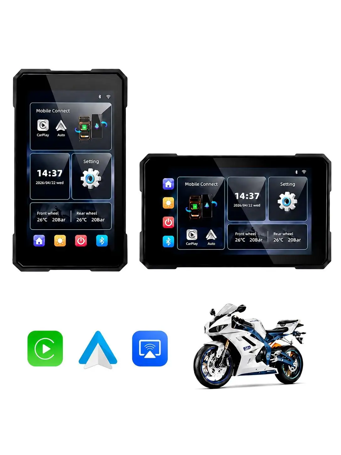 5-Inch Motorcycle Smart Display – Wireless CarPlay & Android Auto，IP67 Waterproof，With quick‑release bracket，TPMS