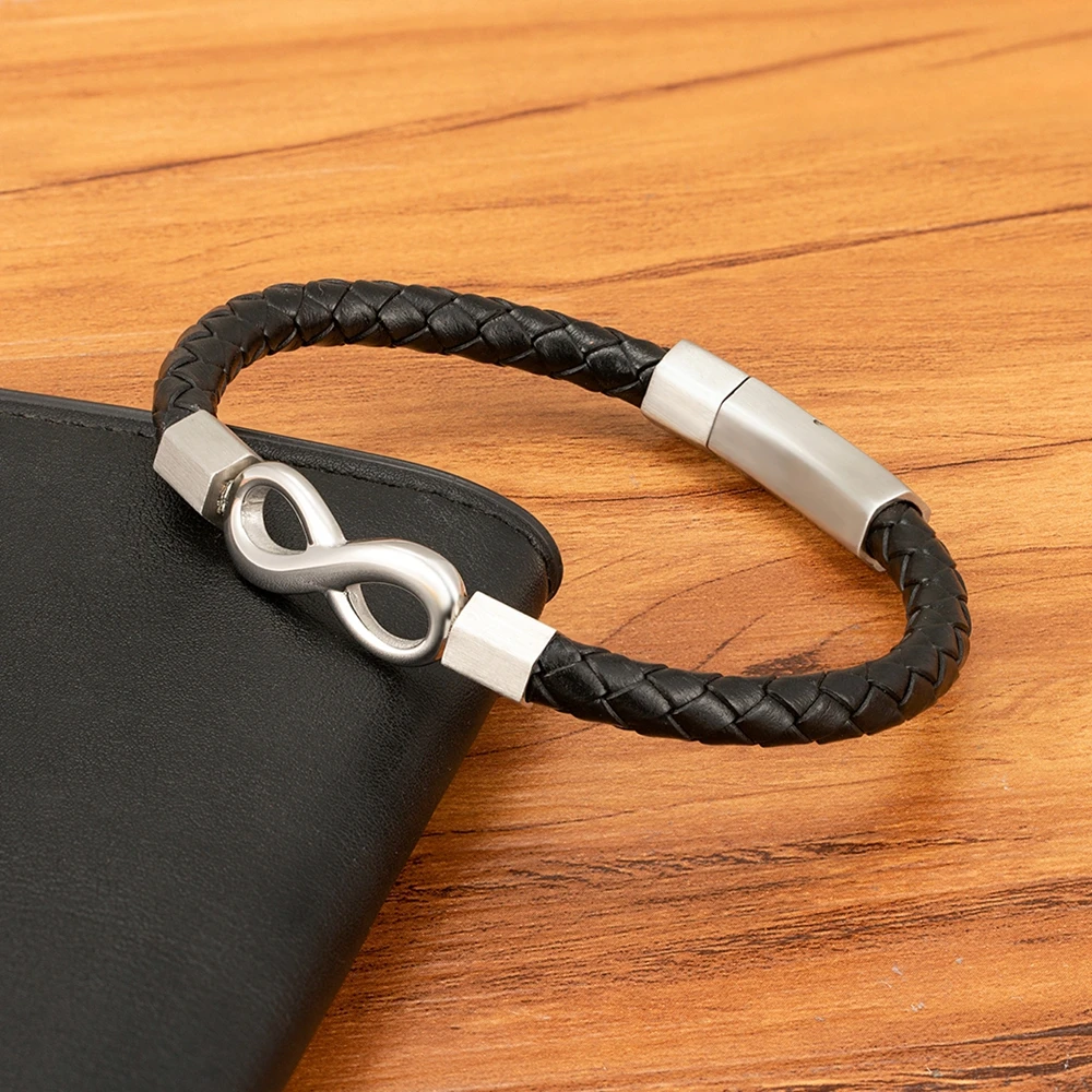 XQNI Leather Bracelet Infinity Shape Special Popular Pattern Men\'s Bracelet for Men Stainless Steel Jewelry Accessories Gift