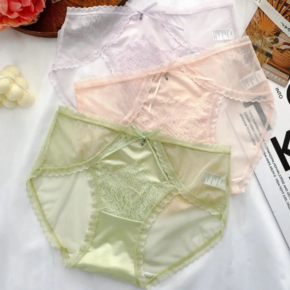 Underpants Mid Waist Lace Briefs Mesh Transparent Women Underwear Elegant Thin Bow Lace Panties Lady