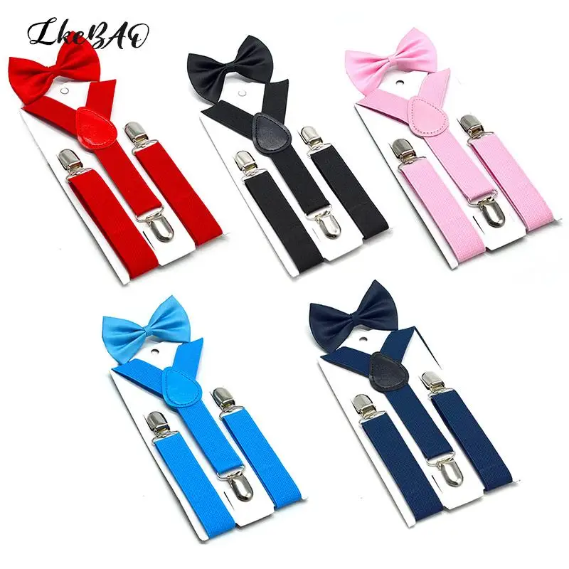 1Set Boys Girls Suspenders Clip-on Y-Back Braces Bow Tie Kids Adjustable Elastic Soild Color Children Belt Bowtie Set