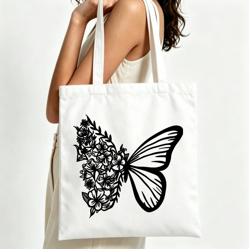 Floral Butterfly Canvas Tote Bag Wildflower Wing Line Art Print Eco Reusable Shoulder Shopping Handbag Women Gift
