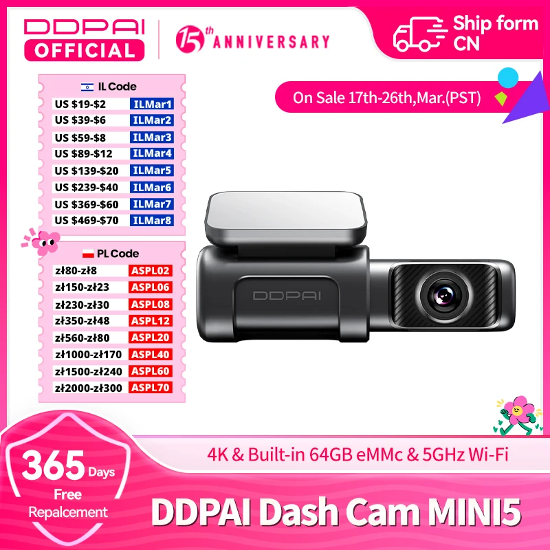 DDPAI Dash Cam Mini5 4K UHD DVR Car Camera Recorder Car Dash Camera Recorder GPS ADAS  eMMC built-in Storage 5GHz Wi-Fi SR2.0