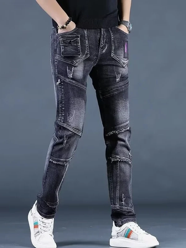 

Slim Fit Men's Jeans Trendy Patchwork Print Elastic Long Pants Autumn Winter Versatile American Sle Haome Long Pants