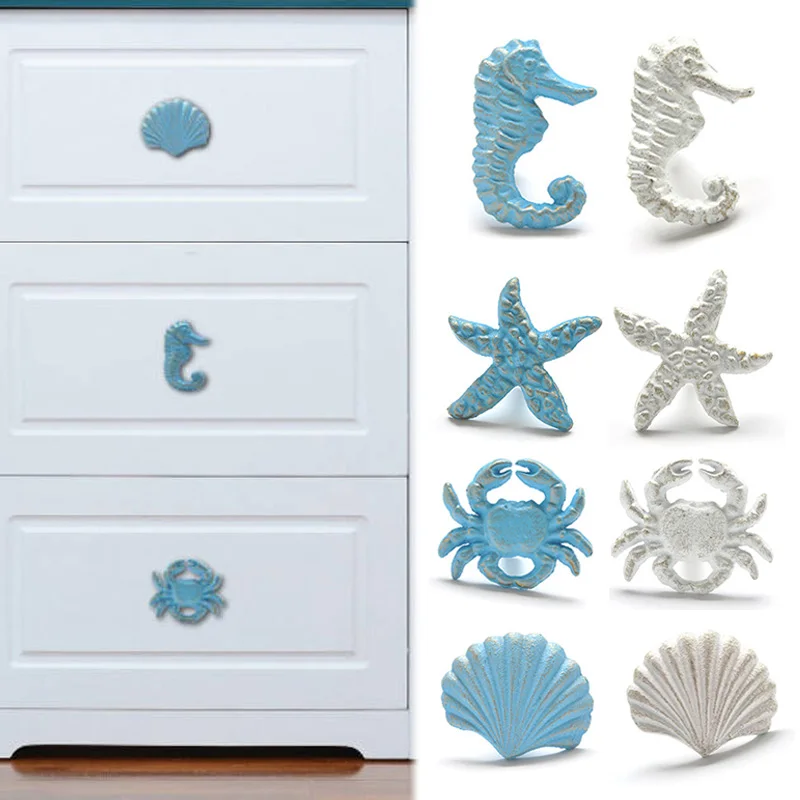 Perilla de hierro Mediterráneo azul y blanco, pomo de puerta de caballito de mar, cangrejo, Concha, estrella de mar, tirador de cajón de armario, herrajes para muebles de cocina