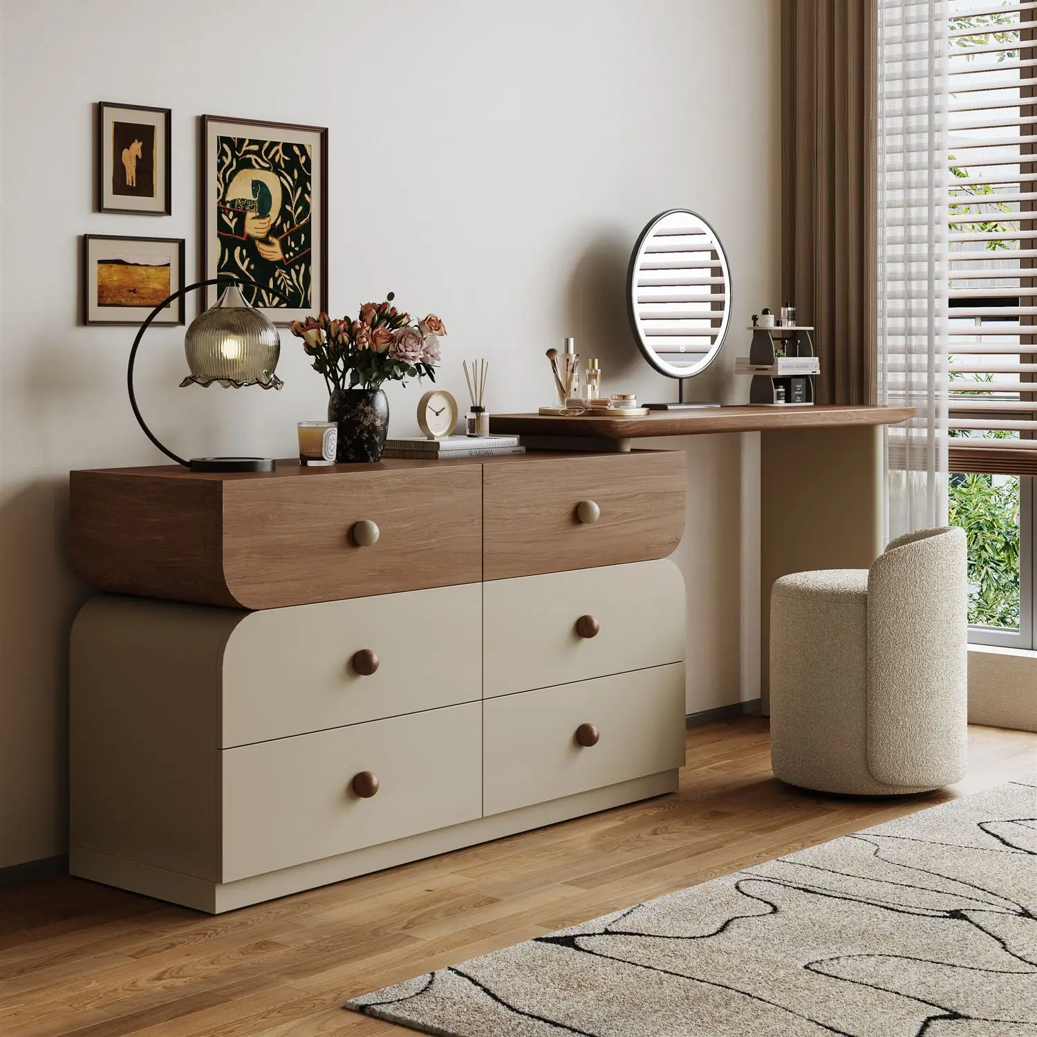 Dormitorio principal antiguo ventanal simple moderno nogal crema retro