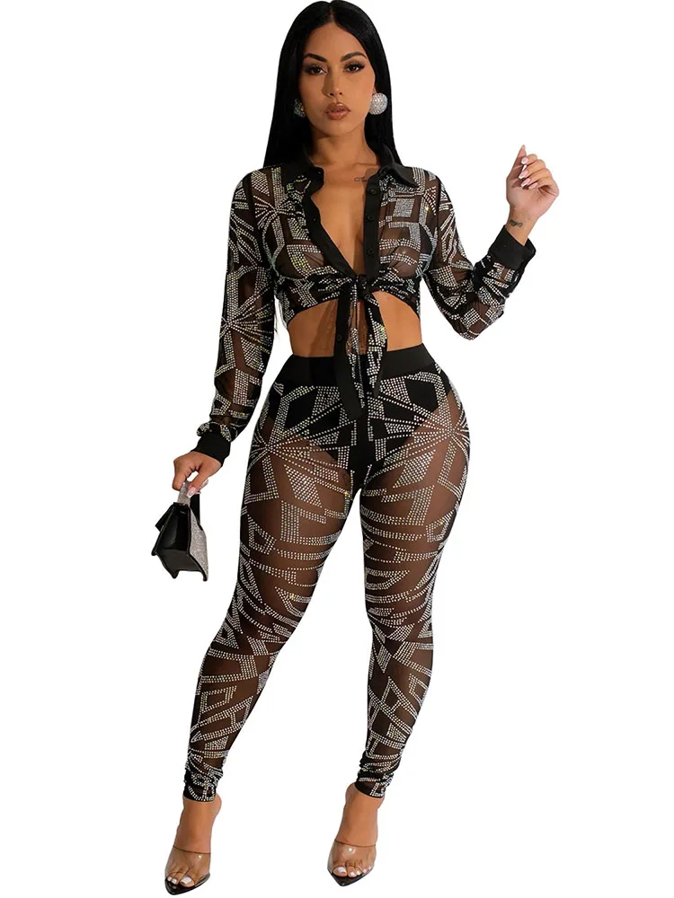 Szkzk Sexy Two Piece Mesh Sheer Set Women For Party Short Bandage Tops And Pants Pencil High Waist See Through Sexy Outfits Sets