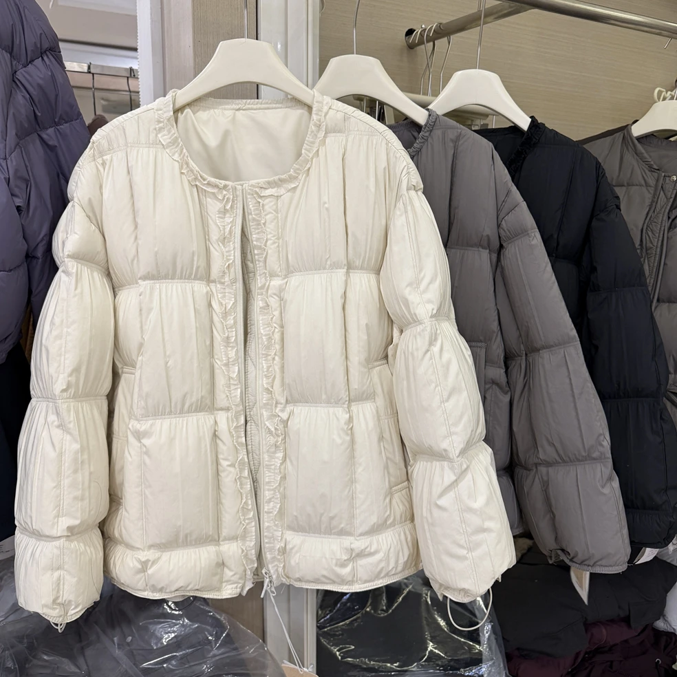 Women's Sweet O Neck Longs Leeve Loose White Duck Down Coat Lady Cute Ruffled O Neck Zip Up Thick Warm Down Outwear Top