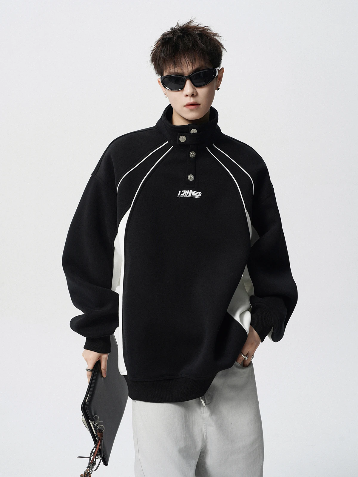 Spring and Autumn American Style Embroidered High Street Cool Gray Black Color Block Stand Collar Casual Versatile Sweatshirt