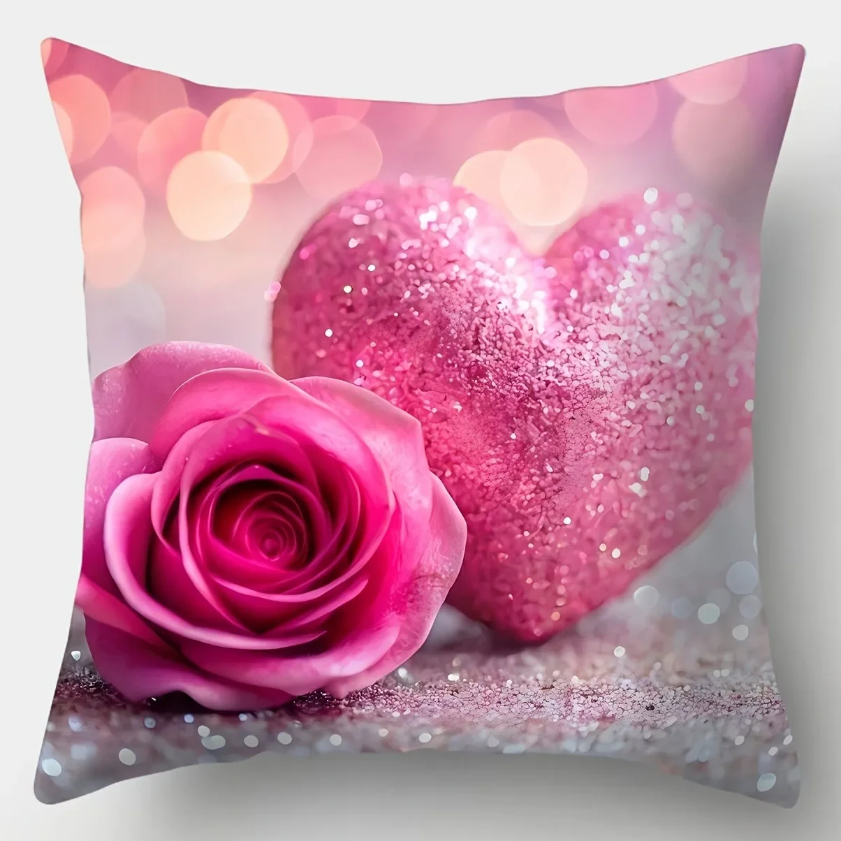 Floral Pillowcase With Sparkling Hearts And Pink Roses Bedroom Sofa Decorative Cushion Cover With Zipper Soft Cushion Cover